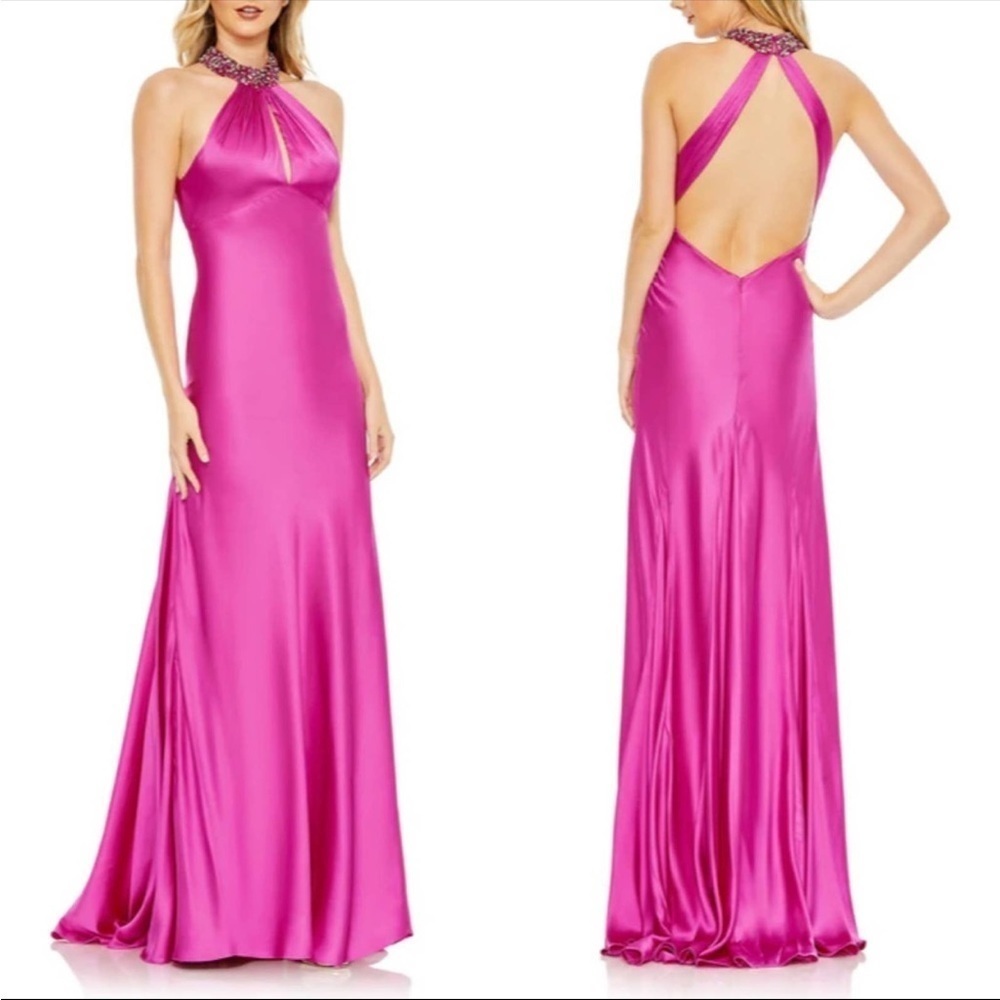 Mac Duggal Fuchsia Dress Pink Barbie Gown Maxi Halter Neck Open‎ Back Sz 6